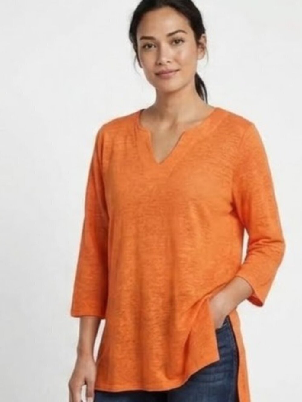Chicos Women Size 2/L Orange Linen 3/4 Sleeve V-Neck Side Vent Tunic Top Casual